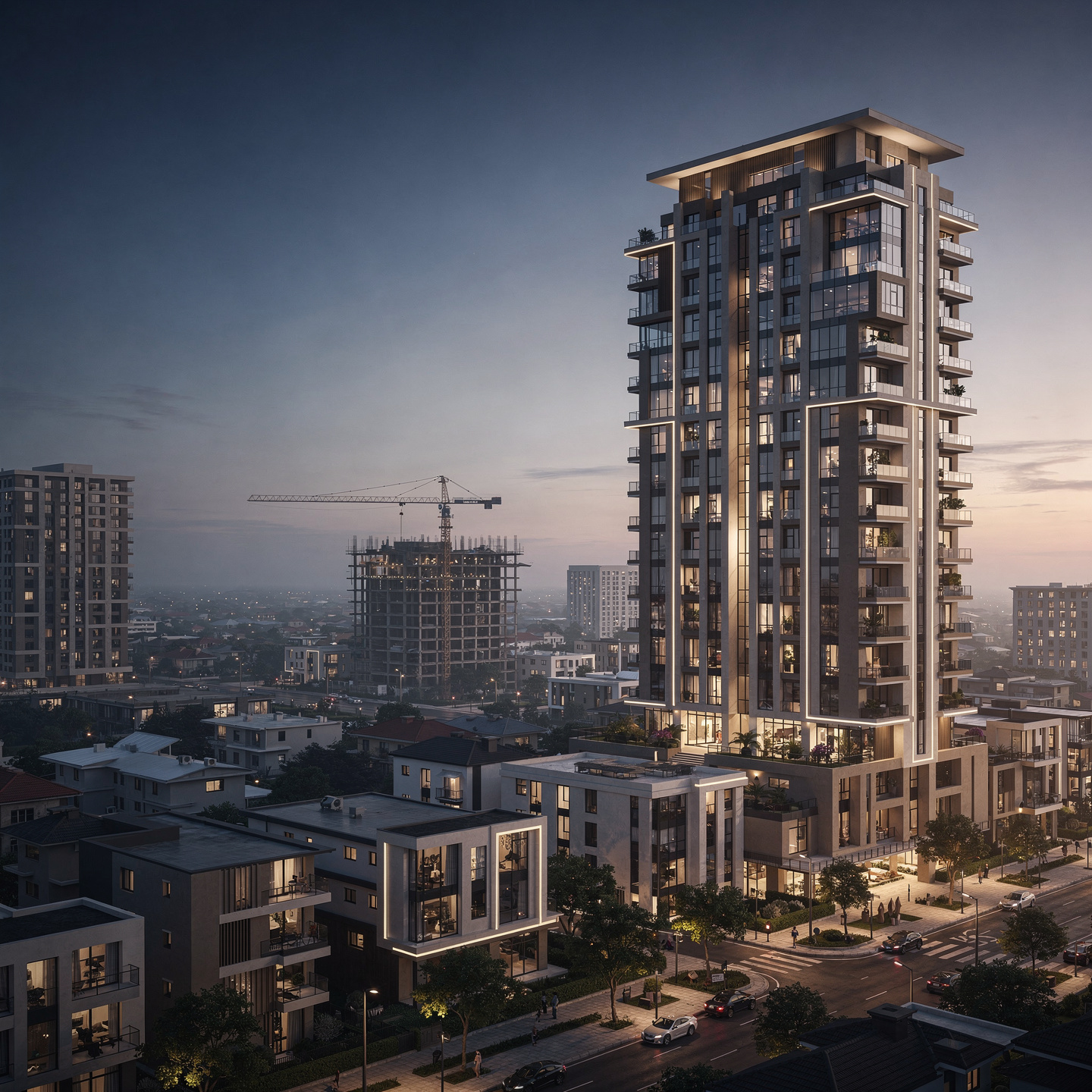Premium Lagos property development at dusk — an illuminated residential tower rising above modern homes, with a construction crane in the background